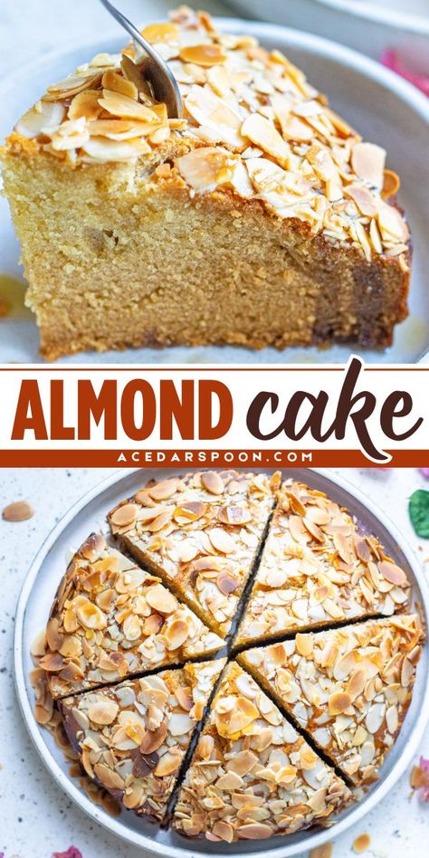 Craving for a light moist cake? This almond cake recipe is just what you need! This moist honey almond cake is easy to make, topped with a layer of sliced almonds! With a combination of sweetness from the honey and the crunchiness of the almonds, this cake will never disappoint! Honey Almond Cake, Easy Almond Cake Recipe, Almond Flour Cake, Sweets For Diabetics, Almond Flour Cakes, Butter Pretzels, Almond Pound Cakes, Almond Cake Recipe, Christmas Desserts Easy