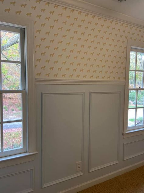 Tall Chair Rail Ideas, Tall Chair Rail Bedroom, Nursery With Chair Rail And Wallpaper, Chair Rail Accent Wall Nursery, Box Trim With Wallpaper, Tall Chair Rail, Wallpaper With Wood Trim, Trim With Wallpaper, Renter Friendly Chair Rail