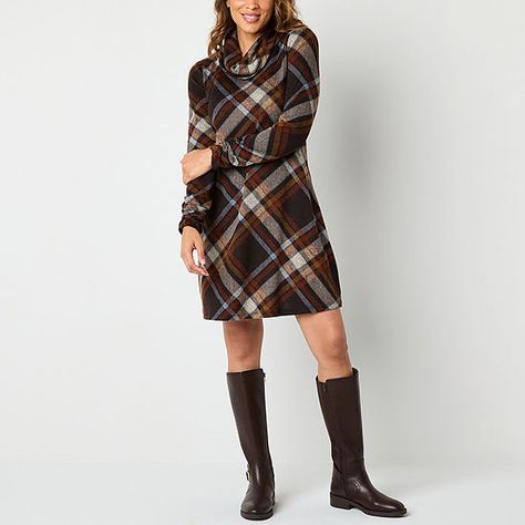 R & K Originals Womens Long Sleeve Plaid Shift Dress, Color: Brown Taupe - JCPenney Dress And Boots Outfit, Fall Dresses With Boots, Dress With Knee High Boots, Large Dresses, Christmas Dresses, Fall Winter Dresses, Guest Attire, Shift Dresses, Womens Shift Dresses