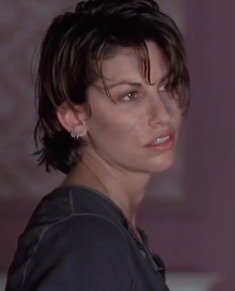 Gina Gershon Short Hair, Corky Bound 1996 Haircut, Corky Bound Haircut, Corky Haircut, Corky Bound 1996, Dyke Haircut, Bound 1996, Passport Picture, Gina Gershon