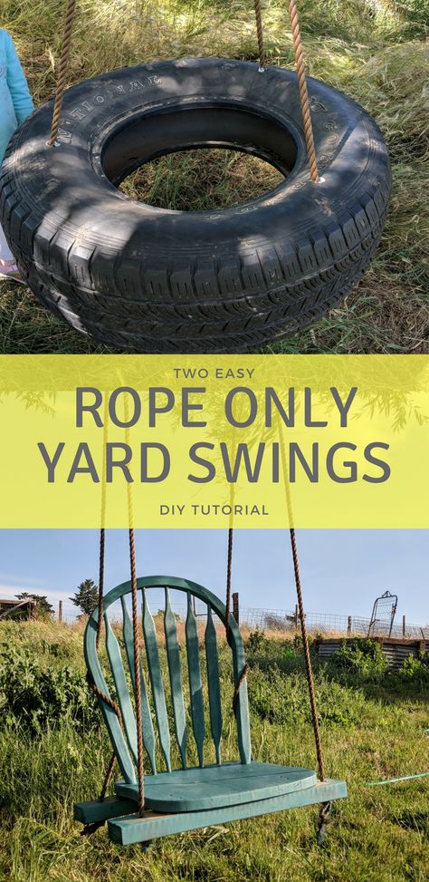 Tire swing and chair swing diy tutorial using only rope to hang the swings. No expensive chain or hardware required to make these tree swings perfectly safe and secure. Tree Swings Diy, Tree Swings, Tire Swings, Diy Swing, Backyard Swings, Swing Chair Outdoor, Tire Swing, Diy Tree, Tree Swing