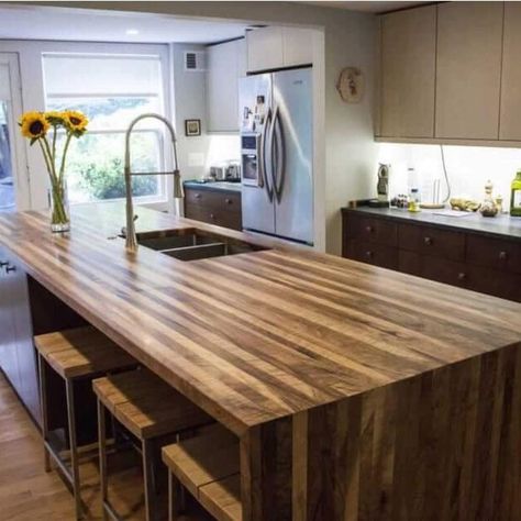 Butcher Block Waterfall, Kitchen Backsplash Wood, Waterfall Island Kitchen, Wood Countertops Kitchen, Marble Kitchen Island, Outdoor Kitchen Countertops, Diy Kitchen Backsplash, Butcher Block Kitchen, Industrial Kitchen Design