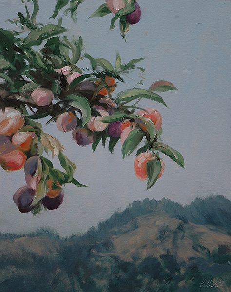 Plums Aesthetic, Kathryn Aesthetic, Orchard Aesthetic, Basement Mural, Orchard Painting, Strawberry Wine, Painting Reference, Tree Mural, Plum Tree