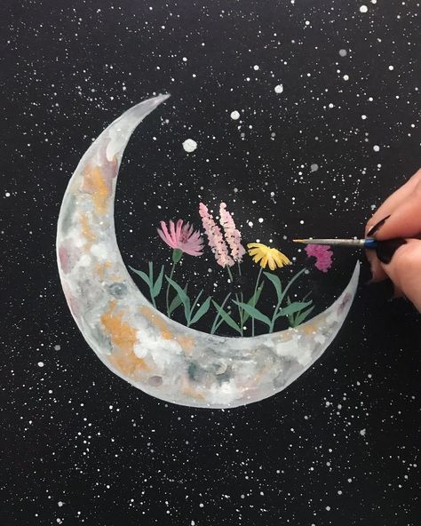 Art Moon Paintings, Cresent Moon Paintings, Simple Space Painting Ideas, Moon And Flower Painting, Moon Canvas Painting Ideas, Moon Flower Painting, Easy Painting Ideas On Canvas Aesthetic Simple Flowers, Diy Moon Painting, Space Painting Ideas On Canvas