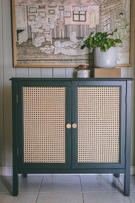 Woven Cabinet Doors, Cabinet With Rattan Doors, Target Cabinet Hack, Painted Cane Cabinet, Boho Accent Cabinet, Rattan Cabinet Diy, Two Door Cabinet Makeover, Target Cabinet Makeover, Accent Cabinet Decor Ideas