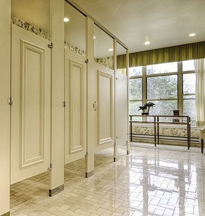 Ceiling braced partition with moldings on doors.  Ironwood Manufacturing elegant toilet partition with molding Commercial Bathroom Ideas, Bathroom Stall Doors, Commercial Bathroom Designs, Ladies Restroom, Toilet Partition, Ladies Bathroom, Commercial Bathroom, Stall Door, Bathroom Stall