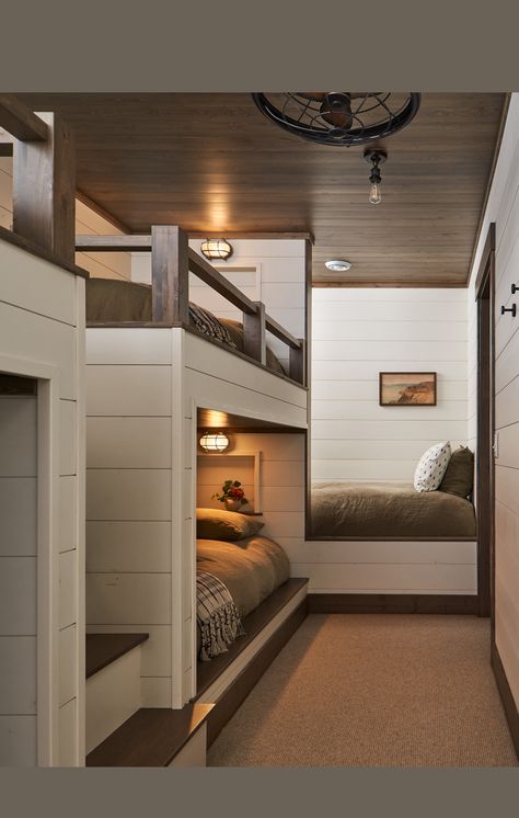 Bunk Beds In Basement, Bunk Room Over Garage, Queen Bed Bunk Room, Bunk Room With Stairs, Cabin Built In Bunk Beds, Corner Bunk Room, Tiny Bunk Room, Queen Size Bunk Beds Built Ins, Adult Bunk Beds Guest Rooms