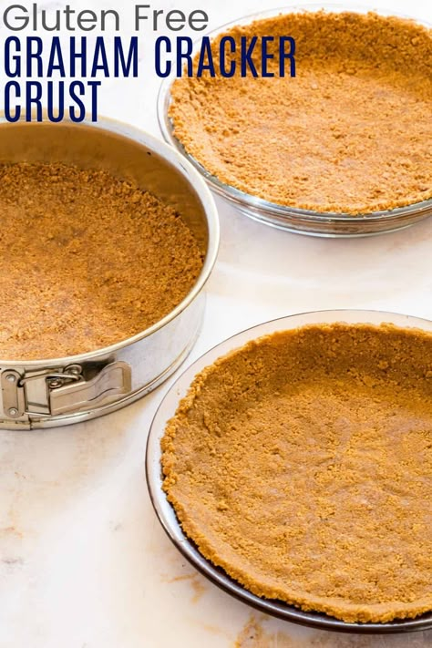 An easy 4-ingredient Gluten-Free Graham Cracker Crust recipe to use with all your favorite desserts! Use it for your favorite pies, tarts, cheesecakes, and more. You'll be coming back to make this sweet and buttery homemade pie crust again and again. Gluten Free Graham Cracker Crust Recipe, Gluten Free Graham Cracker Pie Crust, Gluten Free Cheesecake Crust, Gluten Free Tart Crust, Cheesecake Crust Recipe, Gluten Free Graham Cracker Crust, Gf Graham Crackers, Graham Cracker Crust Recipe, Gluten Free Graham Crackers