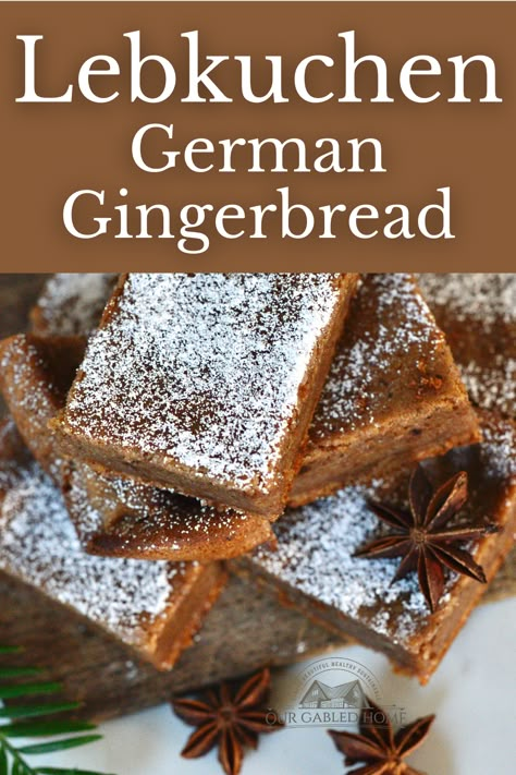 Not too sweet but full of holiday flavors, these delicious German Lebkuchen are similar to gingerbread. You can make this recipe very quickly in a baking dish. German Gingerbread Cookies Recipes, German Lebkuchen Cookies, German Pastry Recipes, German Holiday Recipes, German Baking Recipes, German Christmas Baking, European Christmas Desserts, German Baked Goods, Holiday Bread Recipes Christmas