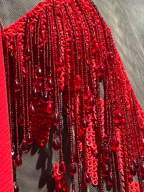 Beaded Blood Dress, Blood Pearl Necklace Design, Luxury Red Embroidered Handwork Fabric, Elegant Red Embellished Embroidered Fabric, Fiber Art Embroidery Red, Advanced Higher Art, Fashion Draping, Pomegranate Art, Prom Dress Inspo