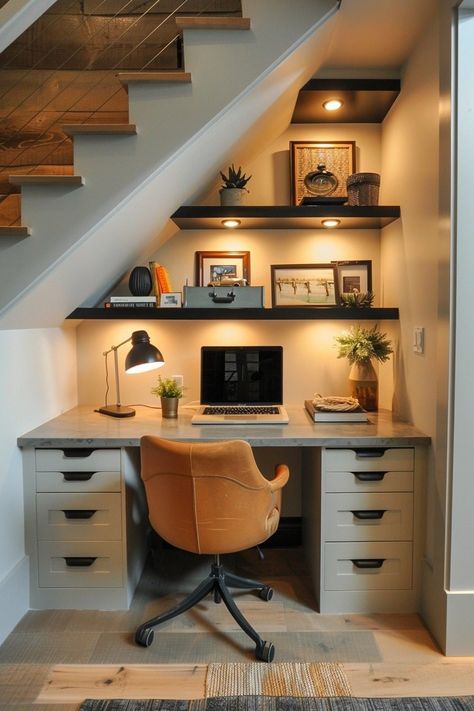 Under The Stairs Small Storage, Office Space Under Staircase, Understairs Office Ideas Staircases, Small House Lighting Ideas, Under Stairs Study Area, Desk Under Stairs Ideas, Under Stairs Desk Ideas Small Office, Staircase Under Space Ideas, Under Stairs Desk And Storage