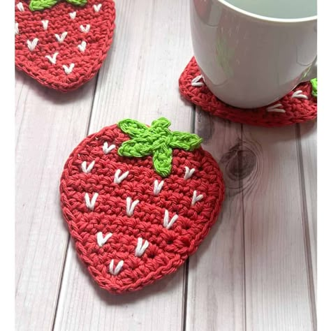 Crochet Strawberry Coaster Pattern - thecaffeinatedsnail.com Crochet Strawberry Cup Cozy, Crochet Strawberry Doily, Coaster Crochet Patterns Free, Crochet Costers Ideas Free, Strawberry Coaster Crochet Pattern, Crochet Fruit Coasters Free Pattern, Crochet Strawberry Coaster Free Pattern, Fruit Crochet Coasters, Crochet Strawberry Projects