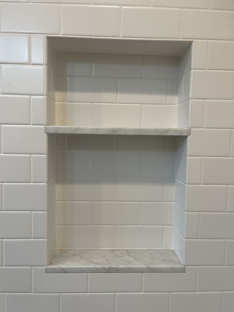 Bathroom Shower Built In Shelves, Shower Niche 2 Shelves, In Built Shower Shelf, Built In Shelf In Shower Wall, Shower Niche With Pencil Trim, Shower Cubby Ideas Built Ins, Shower Niche With Shelf, Shower Niche With Shelves, Shower Shelves Built In