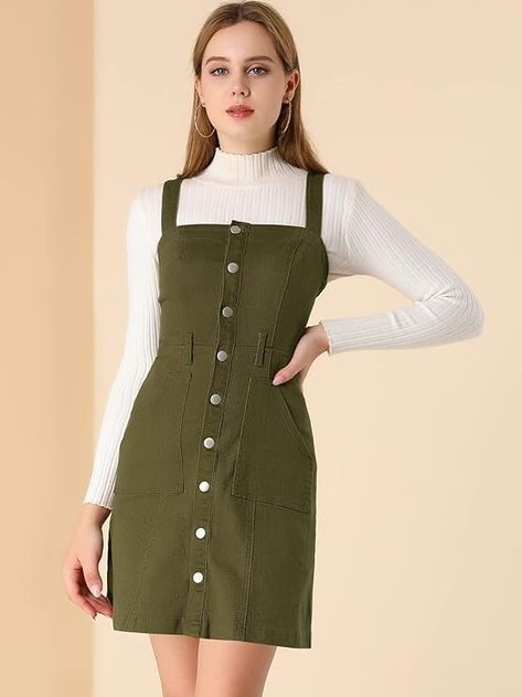 Allegra K Women's Classic Overall Dresses Adjustable Strap Pinafore Denim Jean Dress Medium Army Green at Amazon Women’s Clothing store Dress Structure, Overall Denim Dress, Overall Dresses, Fitted Denim Dress, Denim Jean Dress, Denim Overall Dress, Jean Dress, Classic Dress, Overall Dress