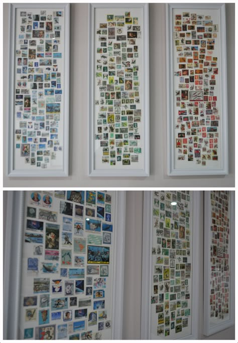 Stamps Collection Display, Stamp Display Ideas, Stamp Display Ideas Postage, Sticker Collage Display, Stamp Display, Old Stamps Art Ideas, Stamp Wall Art, Postage Stamp Display, Stamp Collection Display