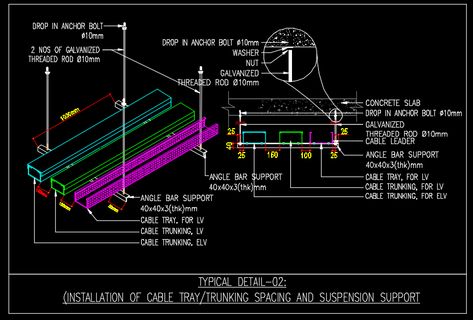 Spacing & Suspension support for Cable tray & trunking Tray Drawing, Construction Details Architecture, Cable Tray, Building Information Modeling, Threaded Rods, Dj Booth, Tray Design, Construction Details, Support Design