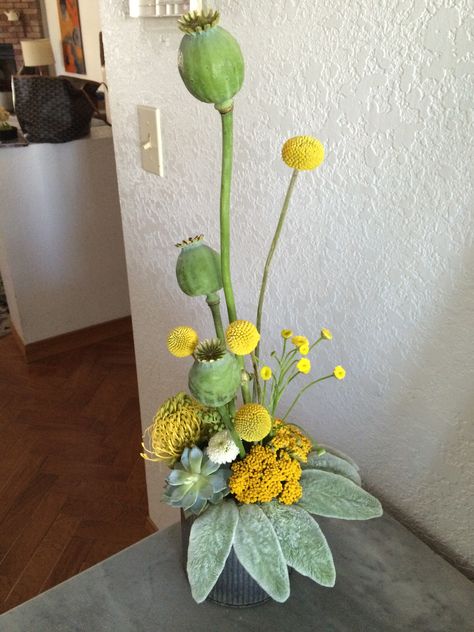 Billy Ball Arrangements, Poppy Pods, Billy Balls, Baby Naming, Tall Vase, Lambs Ear, Tall Vases, Floral Ideas, Table Arrangements