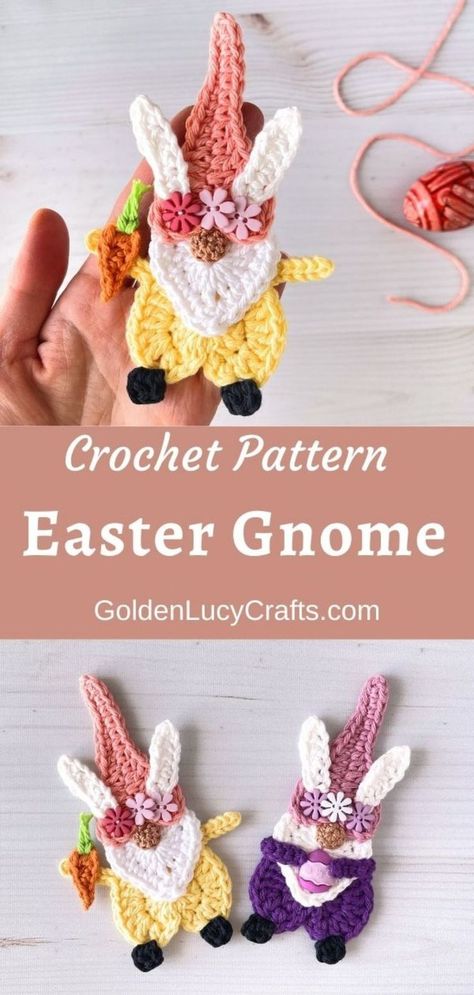 Crocheted heart-shaped Easter gnome appliques. Free Spring Crochet Patterns, Crochet Christmas Gnome Applique, Gnome Garland Crochet, Gnome Applique Pattern, Easter Gnome Crochet Pattern Free, Easter Applique Patterns, Gnome Applique, Easy Crochet Gnome Ornament, Crochet Spring Gnome