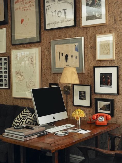 source: Miles Redd  Eclectic home office with cork wallpaper adorned with an large gallery wall of mixed art and photography and an adjustable wall lamp. The office features a wooden desk with wooden desk chair. The velvet sofa in the background is topped with an ivory and black Greek Key pillow Cork Wallpaper, Board Room, Cork Wall, Office Workspace, A Desk, Office Inspiration, Interior Designer, Interior Details, Home Interior