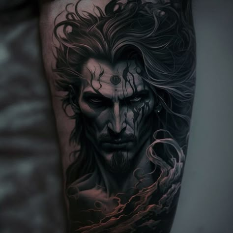 Small Hades Tattoo, Greek God Hades Tattoo, Hades Underworld Tattoo, Hades Tattoo Design Greek Mythology, Hades Tattoo Design, Persephone And Hades Tattoo, Zeus Vs Hades Tattoo, Hades And Persephone Tattoo, Persephone Tattoo