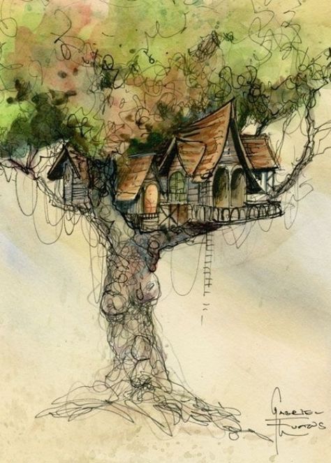 Overgrown Drawing Ideas, Treehouse Sketch, Treehouse Painting, Treehouse Tattoo, Treehouse Drawing, Tree House Illustration, Treehouse Illustration, Fantasy Treehouse, Tree House Drawing