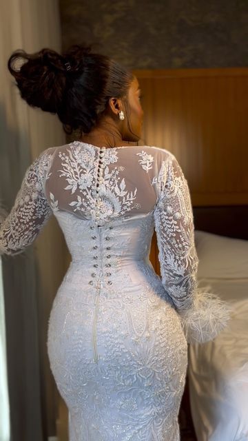 Simple Long Sleeve Wedding Dress Lace Classy, Wedding Gown For Reception, Reception Dress White, Latest Wedding Gowns Bridal Collection, White Lace Styles For Wedding, Court Wedding Dress Civil African, Court Wedding Gown, Wedding Lace Styles, Simple Civil Wedding Dress Courts