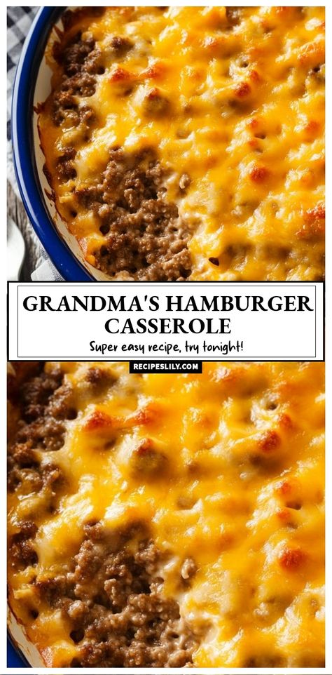 This Grandma's Hamburger Casserole is my go-to for a cozy family dinner! It's super easy to make and perfect for busy weeknights. The cheesy goodness combined with savory hamburger meat creates a dish that everyone will love. Can't wait for you to try it tonight! Hamburger Meat Mashed Potatoes Recipes, What To Make With Hamburger Meat Dinners, Quick Ground Hamburger Recipes, Crockpot Ideas With Hamburger Meat, Fast Easy Hamburger Meals, Sunday Dinner With Ground Beef, One Dish Hamburger Meals, Dinner Idea With Hamburger Meat, Things To Make With Ground Beef Dinners