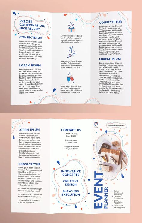 Event Planner Trifold Brochure Template AI, EPS, INDD, PSD and MS Word Brochure Design Simple, Proposal Brochure, Event Brochure, Brochure Design Layouts, Brochure Trifold, Brochure Design Layout, Trifold Brochure Design, Pamphlet Design, Business Labels