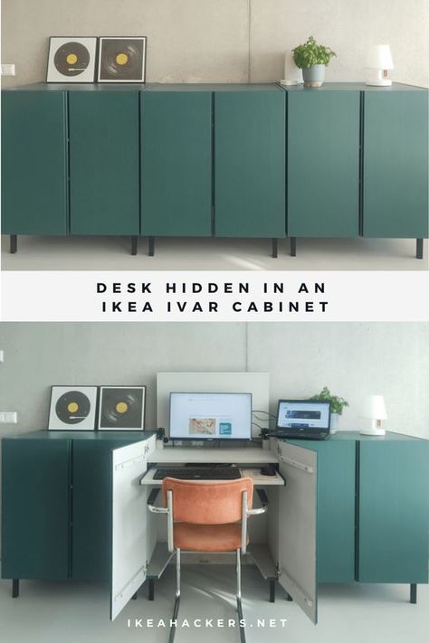 Hidden Desk in an IKEA IVAR cabinet. A creative workspace hidden in an IKEA IVAR cabinet. Ikea Hidden Home Office, Sideboard With Hidden Desk, Hidden Desk In Kitchen Cabinets, Ikea Cabinet Hack Living Room, Kitchen And Desk, Ivar Hidden Desk, Cabinet Desk Hidden, Desk With Hidden Storage, Ivar Cabinet Desk Hack