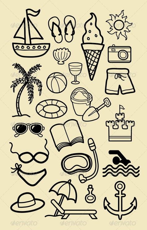 Summer Beach Icon Sketches - Seasons/Holidays Conceptual Summer Symbols Drawing, Beach Design Graphic, Beach Ball Drawing, Beach Symbols, Summer Season Drawing, Summer Symbols, Object Icons, Icon Doodles, Beach Doodles