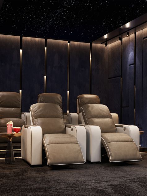 Additionally, a stylish home theater with a starry sky effect is set up separately.
This concept extends to the dark suede panels, between which warm light gently cascades, completing the immersive experience. Private Room Design, Home Theater Rooms Luxury, Luxury Theater Room, Theatre Room Design, Modern Theater Room, Small Home Theater Ideas, Cinema Interior Design, Luxurious House Interior, Luxury Home Cinema Room