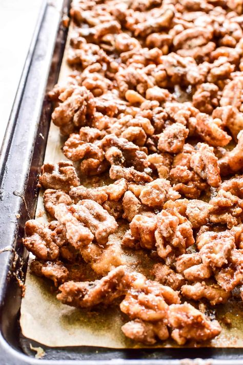 Candied Walnuts are a deliciously sweet, crunchy combo!     🥚 Ingredients 16 ounces walnuts (halves & pieces) 1 cup granulated sugar 1 teaspoon kosher salt 1 teaspoon cinnamon 2 egg whites 2 teaspoons water 1 teaspoon vanilla extract 📋 Instructions Preheat oven to 300° F. In a large mixing bowl, combine sugar, salt, and...Read More Candied Walnut Recipe, Lemon Tree Dwelling, Glazed Walnuts, Candy Man, Walnut Recipes, Roasted Walnuts, Cookies Easy, Nut Recipes, Pecan Recipes