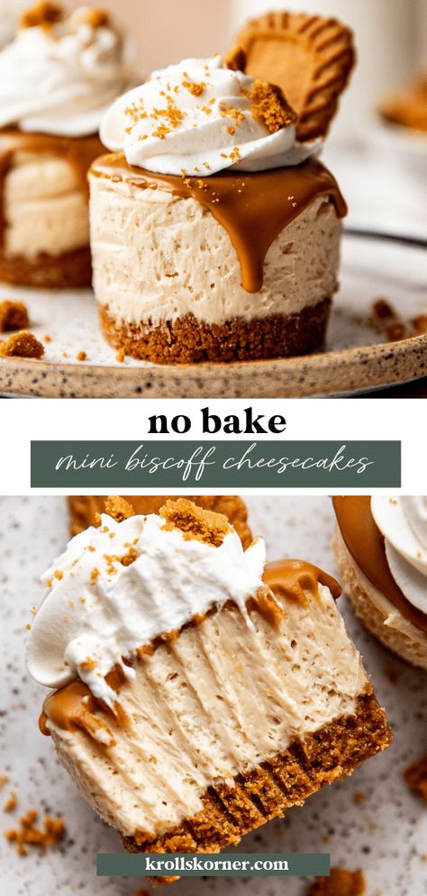 No Bake Mini Lotus Biscoff Cheesecake, Biscoff No Bake Cheesecake Cups, Dinner Deserts Ideas, Boujee Dessert, September Baking Ideas, Quick Fancy Desserts, Easy But Fancy Desserts, Biscoff Pudding Recipes, Baked Sweets Desserts