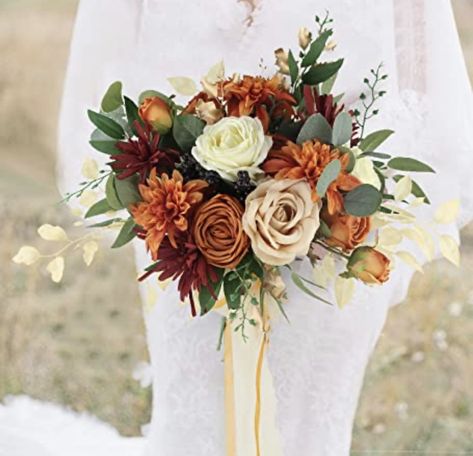 Wedding Bouquets Rust Orange, Rustic Orange Bouquet, Petite Wedding Bouquet Fall, Rust And Sage Bouquet, Bride Fall Bouquet, Terracotta And Burgundy Wedding Flowers, Fall Wedding Bouquets Diy, Rustic Fall Wedding Flowers Bride Bouquets, Terracotta Rose Bouquet