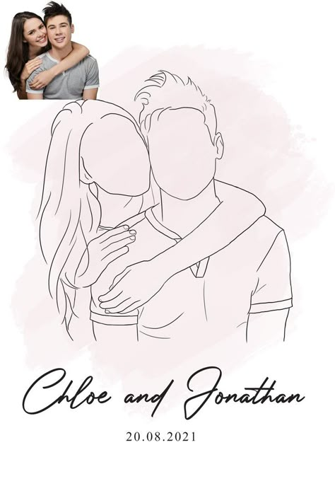 Create a line art illustration from your own photos & memories, drawn by hand and completely customized! Line Drawing From Photo Diy, Outline Couple Art, Line Art Design Couple, Couples Art Painting, Save The Date Drawing, Line Art Drawings Couple, Couples Drawing Ideas, Couples Line Art, Couple Illustration Art