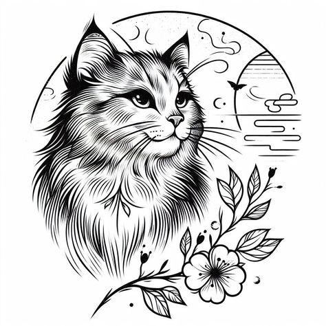 Long Haired Cat Tattoo, Phomemo Printables, Simple Cat Tattoo, Long Haired Cat, Line Art Simple, Cat Tattoo Ideas, Cat Tattoos, Tasteful Tattoos, Cat Tattoo Designs