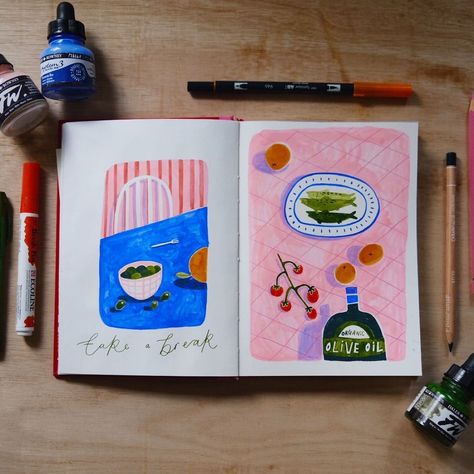 Two little still life illustrations in my sketchbook today, I mixed a bit of an old pink ink into my white ink and now I’m obsessed with… | Instagram Design Journal Ideas, Planner Illustrations, Journal Illustrations, Planner Illustration, Pink Drawings, Notebook Illustration, Illustrated Journal, Art Collages, Collage Book