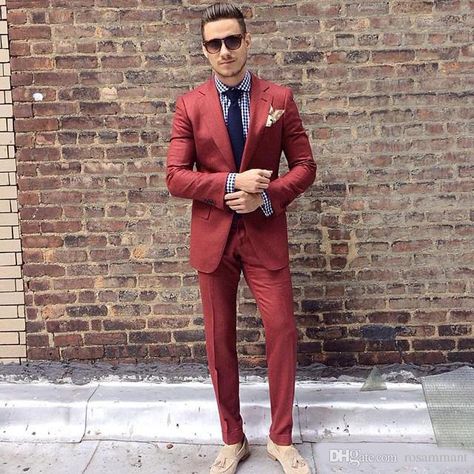 Rust Red Custom Made Mens Suit Two Pieces Wedding Tuxedos Slim Fit Groom Formal Suits(Jacket+Pants) Maroon Suit, Suit Combinations, Dinner Suit, Dress Suits For Men, Mens Fashion Smart, Leisure Suit, Mens Fashion Blog, Street Style Outfits Men, Red Suit