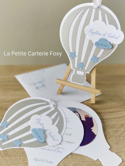 Faire-part de Baptême Montgolfière Theme Bapteme, Hot Air Balloon Party, Baby Boy Baptism, Baptism Party, Boy Baptism, Hot Air Balloons, Baby Bear Baby Shower, Air Balloons, Baby Party