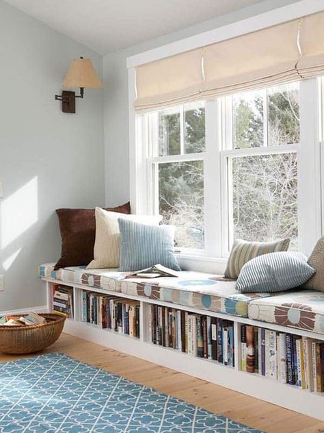 44 Fascinating #bookshelf ideas for book enthusiasts Blue Buffet, Window Seat Kitchen, Gazing Balls, Buffet Makeover, Window Seat Design, Storage Bench Seating, Window Benches, Bedroom Seating, Diy Wreaths