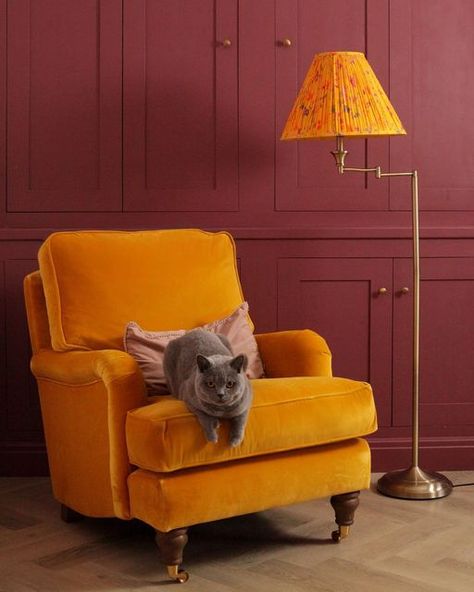 Orange Loveseat, Ton Chair, Yellow Velvet Armchair, Yellow Armchair, Small Living Room, Sofa Couch, House Colors, Diy Decor, Cottage