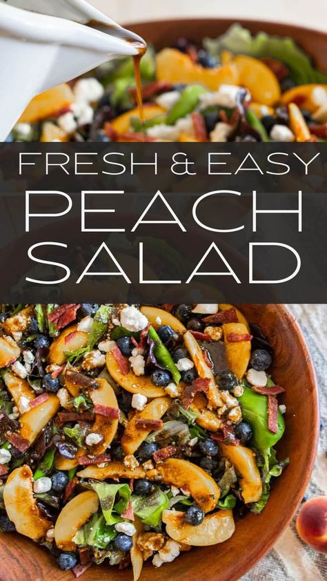 Make this fresh peach salad with bacon, blueberries, feta cheese and balsamic dressing. The combination creates a flavorful salad. Peach Salad Dressing, Blueberry Salad Recipes, Peach Salad Recipes, Blueberry Salad, Tortellini Salad, Peach Salad, Healthy Summer Recipes, Balsamic Dressing, Yummy Salad Recipes