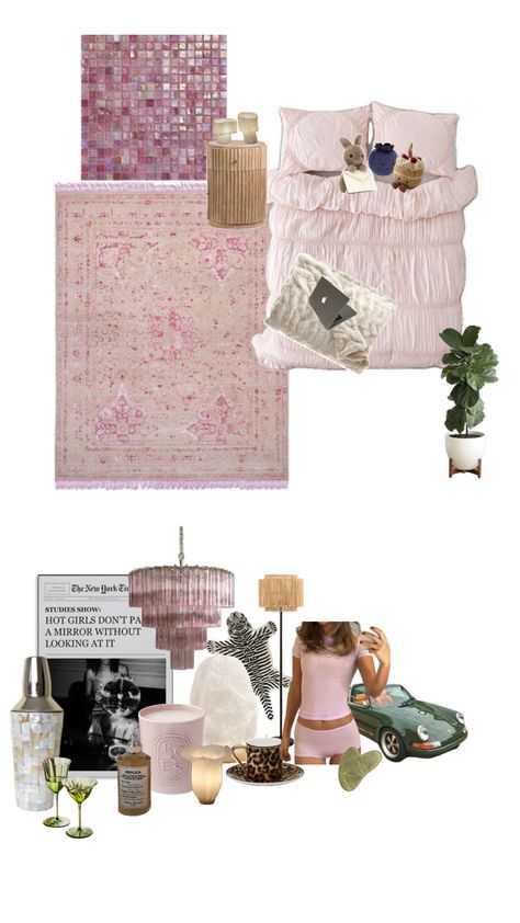 Pink colour bedroom inspo with a bed and carpet. Collage of aesthetic pieces for a bedroom. Colour Bedroom, Girly Girl Aesthetic, Murs Roses, Uni Room, College Room, Pretty Room, Dreamy Room, Of Aesthetic, Dream Room Inspiration