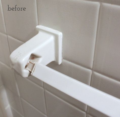 Driven by Decor - Before Image of Old Towel Bar Article on how to replace our missing towel bar!!! Bathroom Towel Bar Ideas, Towel Bars In Bathroom, Can You Paint Tile, Remove Bathtub, Ceramic Tile Floors, Paint Tile, Driven By Decor, Shower Rack, Old Bathroom