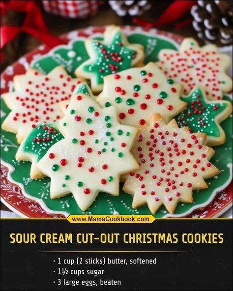 Family Cookbook Recipes | Sour Cream Cut-Out Christmas Cookies.. | Facebook Sour Cream Cookies Christmas, Sour Cream Cut Out Christmas Cookies, Sugar Cookies With Sour Cream Recipe, Sour Cream Cut Out Cookies Recipe, Sour Cream Christmas Cookies, Cut Out Cookies Christmas, Sour Cream Sugar Cookies Cut Out, Sour Cream Cutout Cookies, Sour Cream Cut Out Cookies