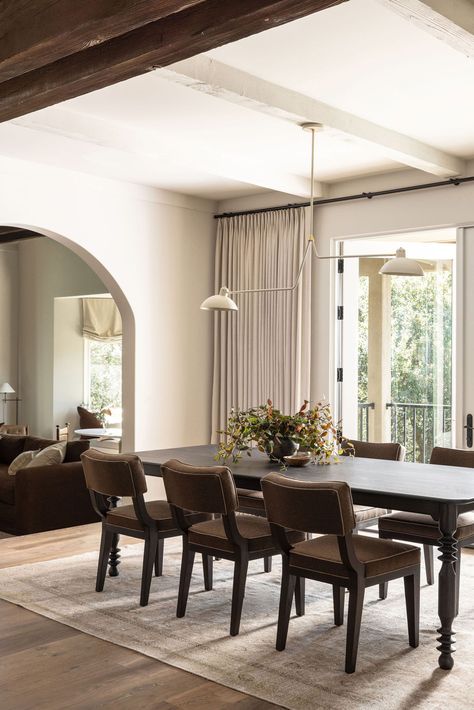 Dining Room Classic Design, Classic Contemporary Dining Room, French Contemporary Dining Room, Dining Room Modern Traditional, Pass Through Dining Room, Modern Mediterranean Dining, Dining Table Styling Centerpieces, Pottery Barn Dining Room Ideas, Transitional Modern Dining Room