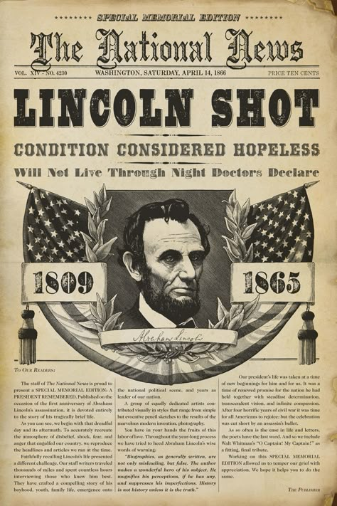 Abraham Lincoln died as a result of a conspiracy. John Wilkes Booth was not a lone gunman. He meant to assassinate the President, Vice-President, and Secretary of State in the same night. To do this, Booth had to rely on the help of other people who ultimately proved unreliable. The killer assigned to Vice President Andrew Johnson, George Atzerodt, got a room in the hotel Johnson was staying and loitered around a bit, but he never attempted the assassination. Presidents Of The United States, Wilde Westen, Western Film, Newspaper Headlines, Historia Universal, Historical Newspaper, Historical People, Headline News, Old Newspaper