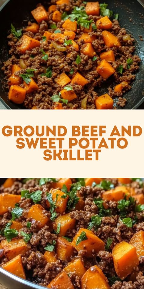 🍳 One-pan perfection! This Ground Beef and Sweet Potato Skillet is a healthy, hearty meal packed with protein and veggies. 🥔✨ Perfect for meal prep or a quick dinner idea your family will love! Ready in under 30 minutes. #HealthyDinner #OnePanMeals #GroundBeefRecipes #SweetPotatoLovers 💛 Beef And Sweet Potato, Sweet Potato Skillet Recipes, Potatoes Skillet, Potato Skillet, Dinner Ideas For Two, Sweet Potato Skillet, Dinner Ideas Recipes, Healthy Ground Beef, Dinner With Ground Beef