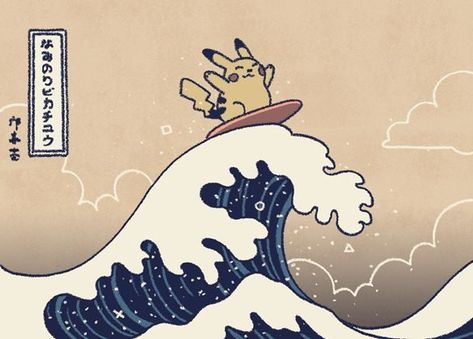 Surfing Pikachu, Pokemon Painting, Pokemon Backgrounds, Cool Pokemon Wallpapers, Pokemon Tattoo, The Great Wave, Great Wave Off Kanagawa, Japon Illustration, Pokemon Drawings