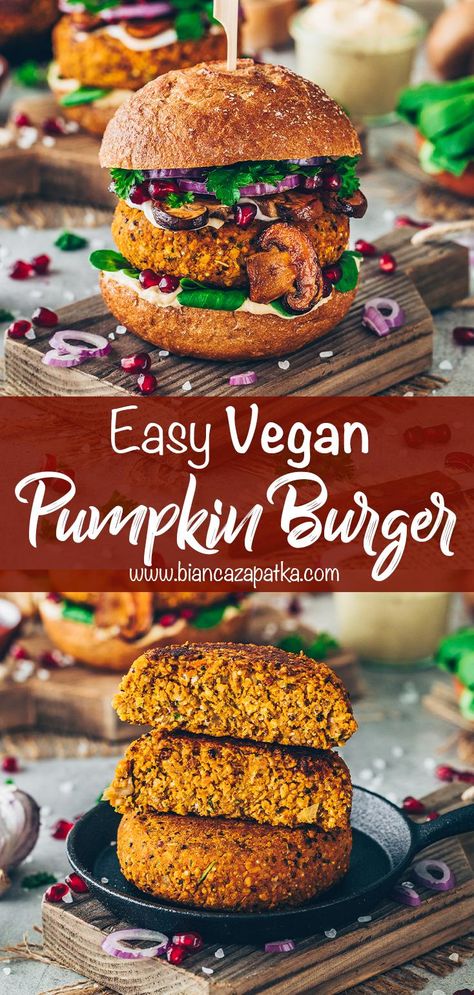 Vegan Pumpkin Burgers with Quinoa and Chickpeas Healthy Veggie Burger, Burger Patties Recipe, Quinoa And Chickpeas, Vegan Burger Buns, Vegan Veggie Burger, Veggie Burger Recipe, Vegetarian Burgers, Veggie Burger Patties, Pumpkin Recipes Dinner